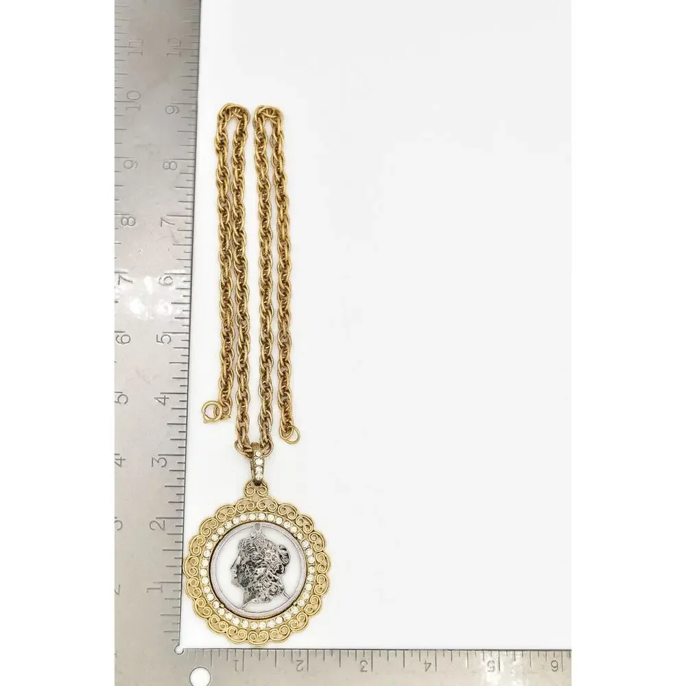 Vintage Carved Coin Heavy Pendant Necklace Crystal Chain Gold Chunky 1970s BinBH